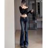 Dark blue low-rise slim-fitting sweet wind flared jeans women's thin and tall extended floor-mopping long pants