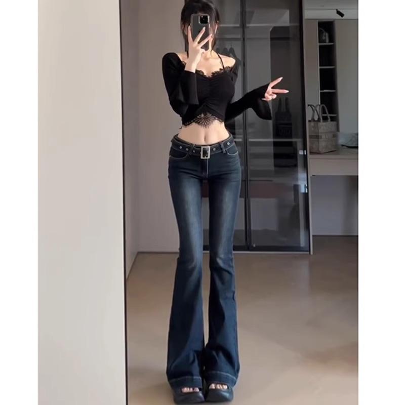 Dark blue low-rise slim-fitting sweet wind flared jeans women's thin and tall extended floor-mopping long pants