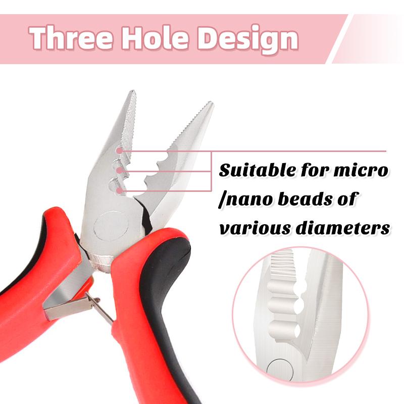 Clește pentru extensii de păr cu micro găuri cu 3 găuri pentru extensii de păr micro nano-ring și pentru îndepărtarea părului Clește de înaltă calitate (1 buc Roșu)