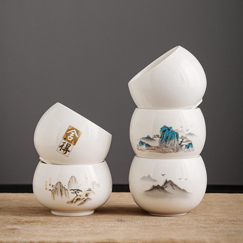 Jade Trim Sheep Fat Porcelain Tea Cup - Ceramic Kung Fu Master Cup