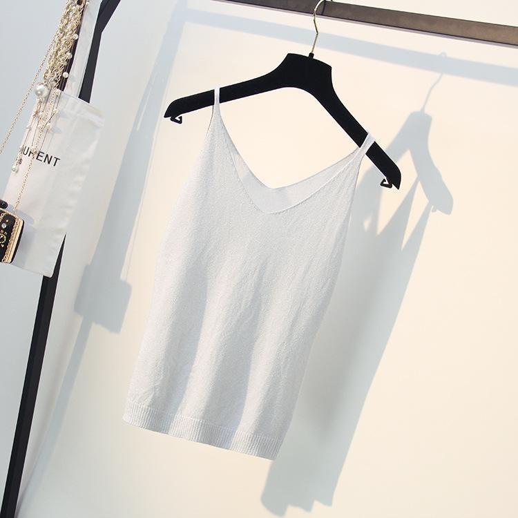 

Sexy Summer Sling Vest for Women V-neck Slim Silk Knit Sleeveless T-shirt Casual Top One