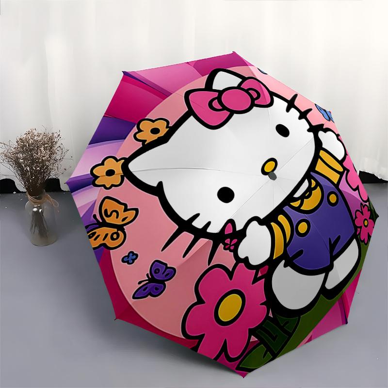 Hello Kitty,Floral Automatic Folding Umbrella-Simple 8-Rib Design, Bright Cartoon Pattern, Durable Iron Frame, Suitable For Travel, Outdoor,