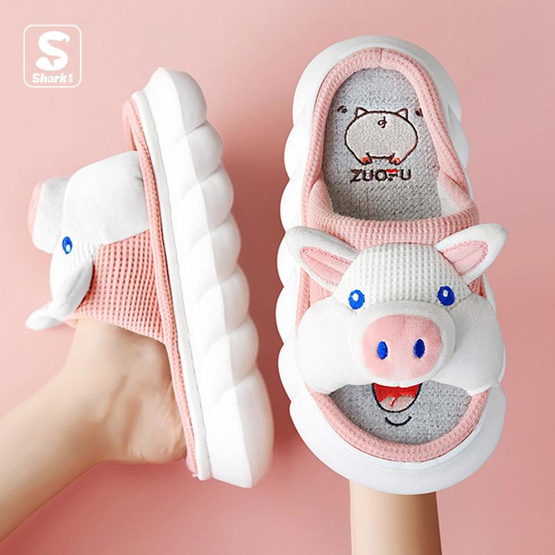 Fashion Animals Slippers Women Platform Shoes Cute Cartoon Thick Sole Home Slippers Pink Pig Slipper Ladies 4 Seasons Cotton Flax Slides