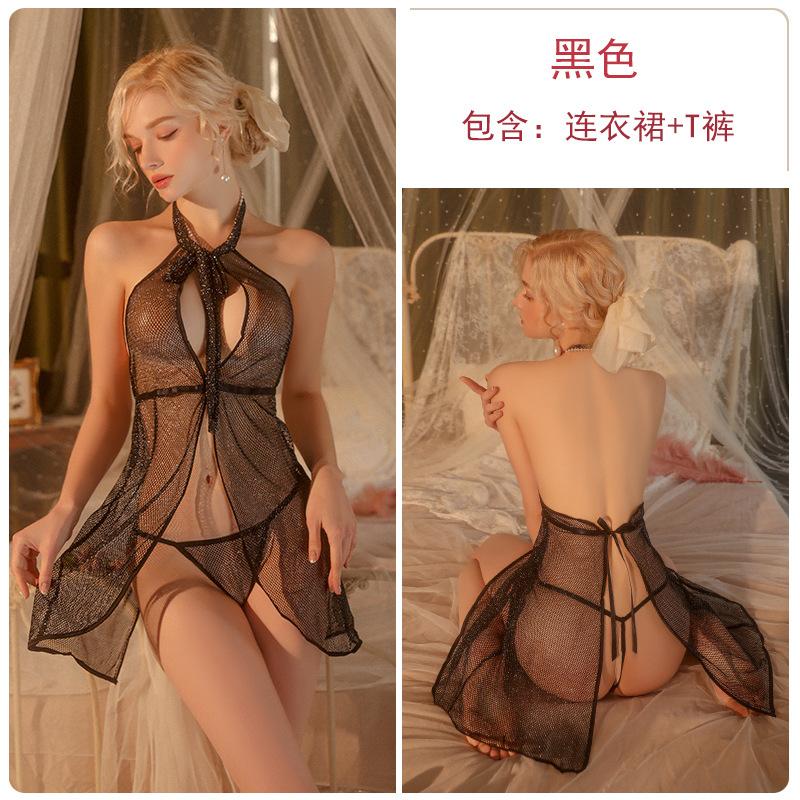 Women's Sheer Mesh Lace Up Backless Sleep Dress Costume Set