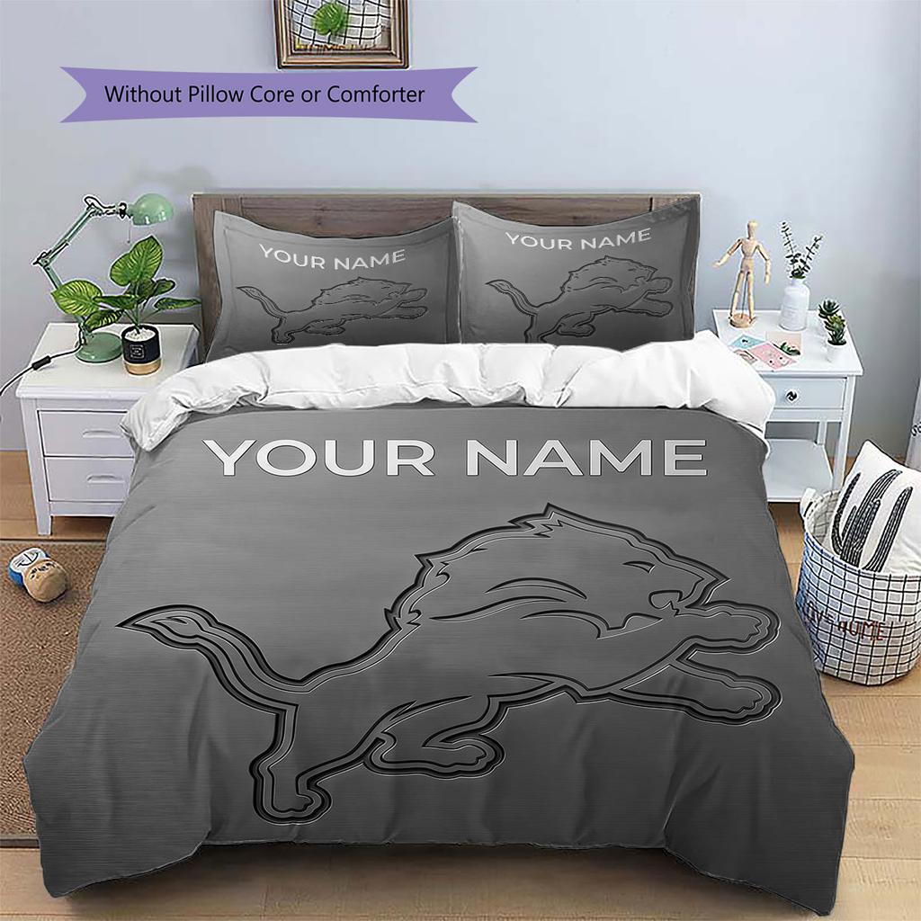 Custom Name,Detroit Lions Pattern Bedding Home Decoration Birthday Gift ( 1 duvet cover + 2 pillowcase, without core),fan merchandise.