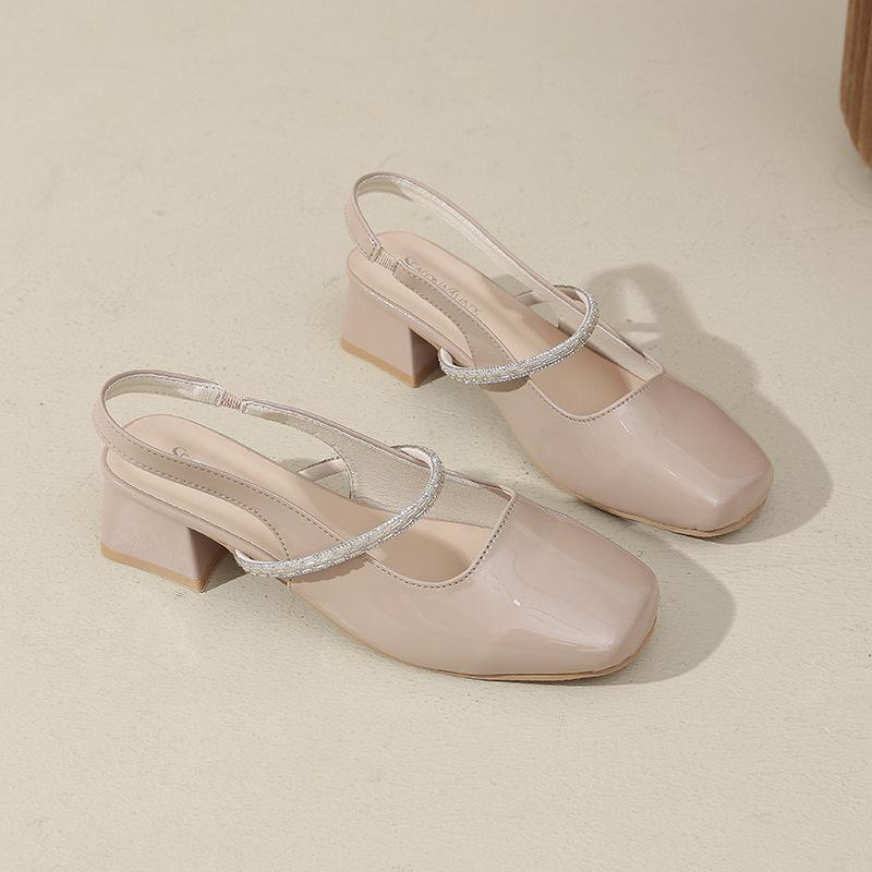 One word with bag head sandals women's thick heel summer 2025 new middle heel square head empty single shoes versatile high heels