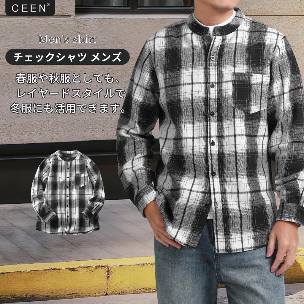 CEEN Long Sleeve Flannel Shirt with Stand Collar and Check Thick Outerwear for and Everyday Wear Men's Pattern, Fall/Winter, Casual,