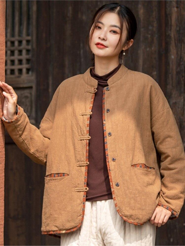 Johnature Women Chinese Style Linen Parkas Stand Long Sleeve Button Solid Color Coats Winter Vintage Warm Parkas Women