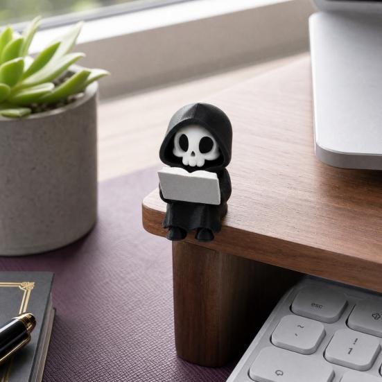 Grim Reaper Reading Figurine, 3D Printed Mini Skull Grim Reaper Statue, Cute Gothic Skeleton Ornament for Bookshelf, Desk, Shelf, Halloween Home Decor