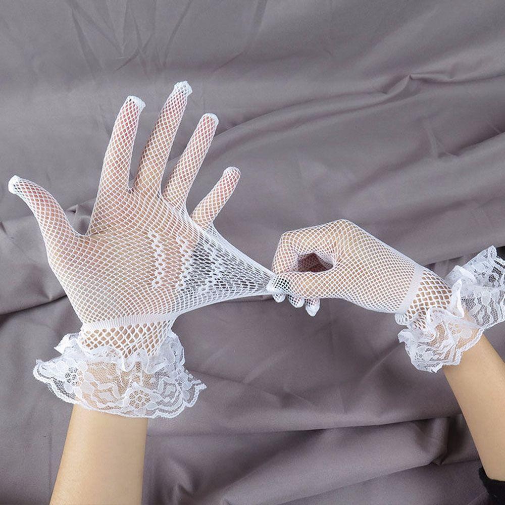 Elegant Anti-UV Bow Crystal Fishnet Lace Wedding Gloves Women Driving Gloves Sun Protection Mittens