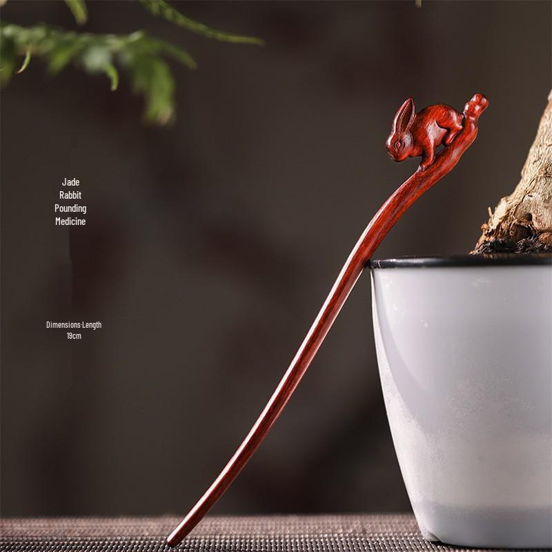 Red Sandalwood Women's Retro Hanfu Hairpins: Hollow Carved Moon Rabbit Wooden Ornaments