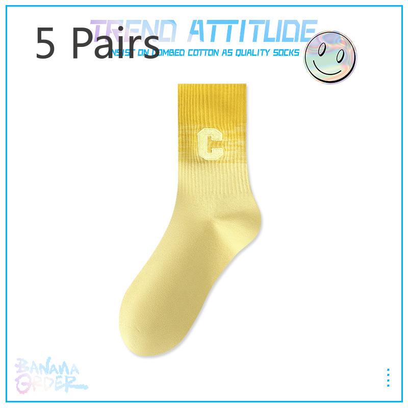 5 Pairs of Female Autumn and Winter Cotton Trend Embroidery Gradient Color All Match Sports Tube Socks