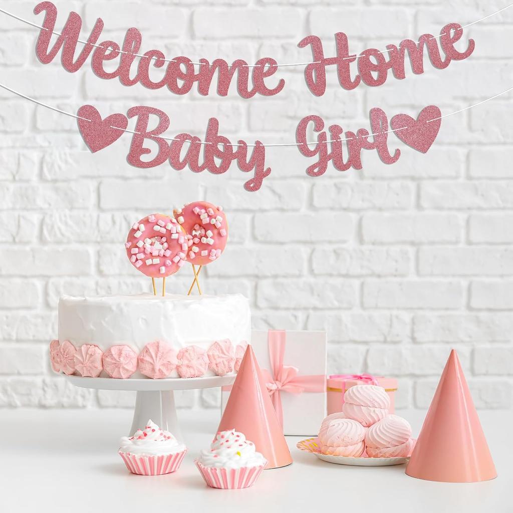 Welcome Home Baby Girl Banner - Pink Baby Shower Decorations for Girl, Gender Reveal Baby Shower Ide Outside Decoration Rose Gold Glitter