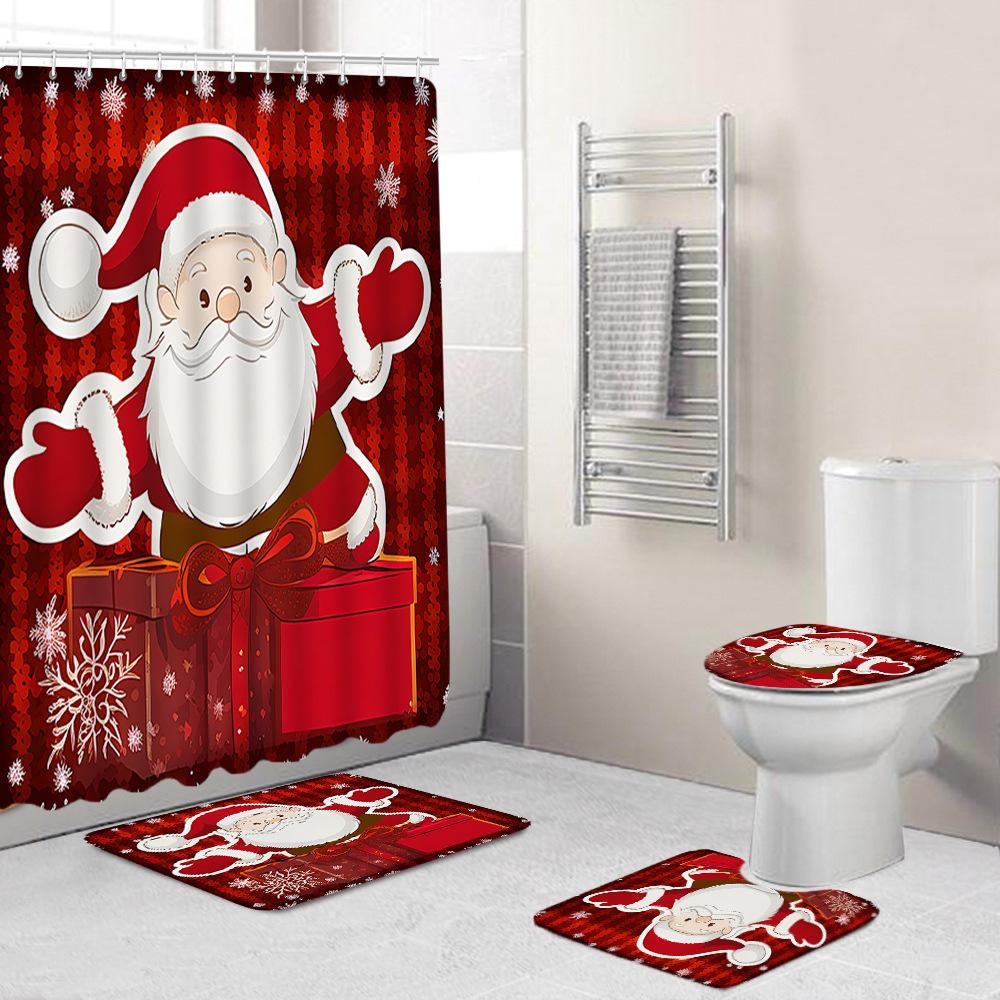 Christmas Toilet Cover Shower Curtain Floor Mat Set Santa Carpet Door Mat Foot Mat Non-Slip Mat