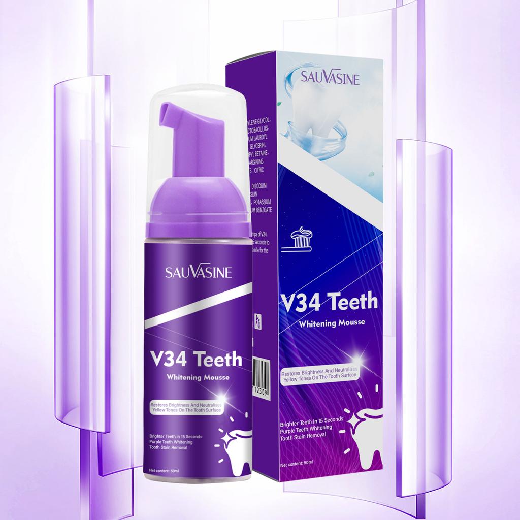 V34 Teeth Mousse, Teeth Whitening for Smokers, Remove Stains, Fresh Breath, Portable Teeth Whitening Mousse, 30ml
