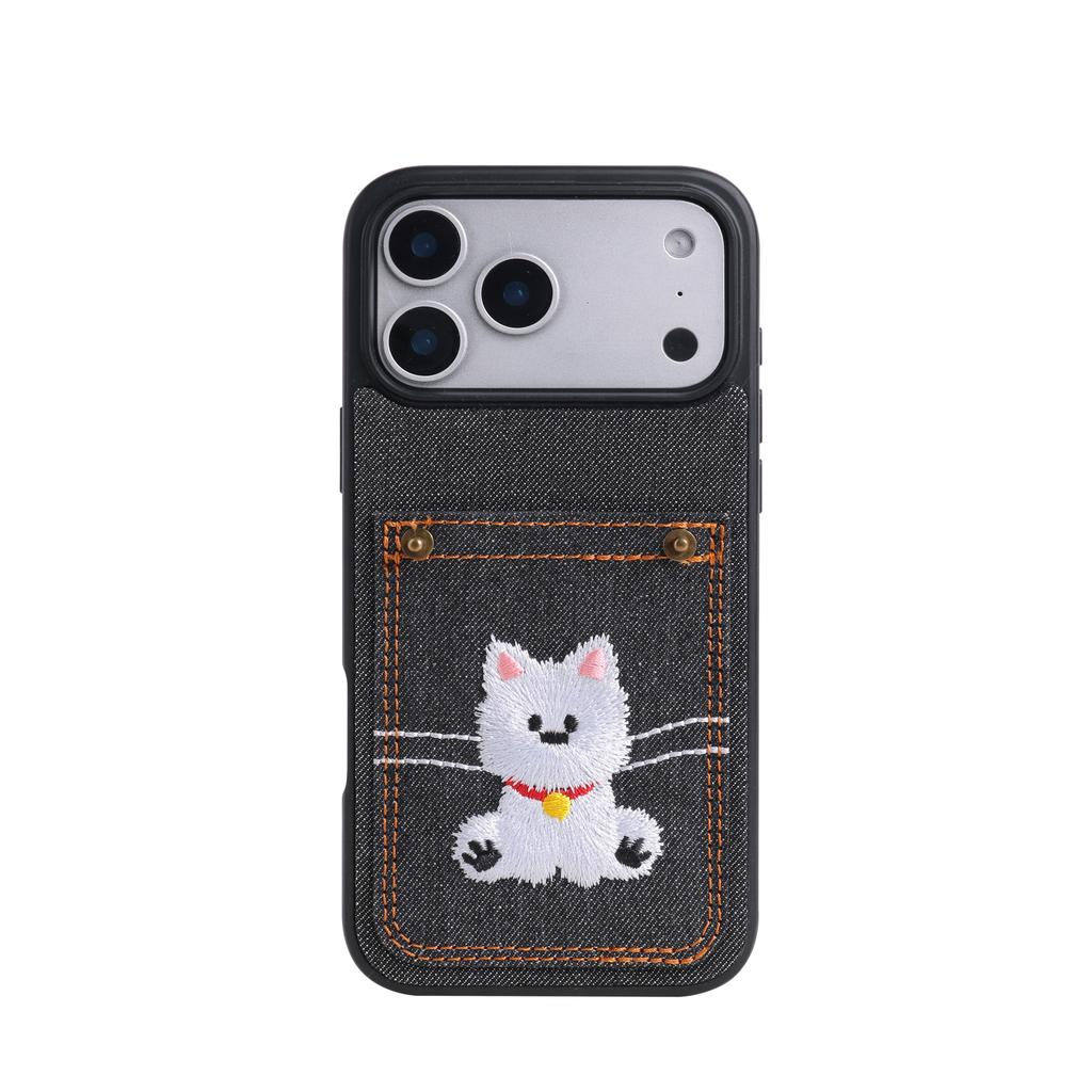 Cartoon Denim Embroidered Dog Faux Leather Phone Case Card Holder Premium Stylish for iPhone 17 Pro Max/17Air Pro
