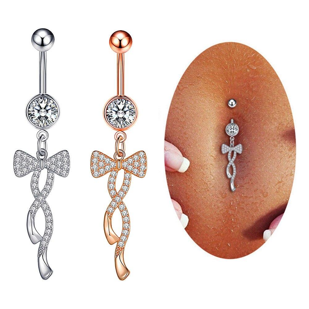 Bow Twist Navel Belly Ring 1.6*10mm Curved Barbell Dangled Belly Button Ring 14G Stainless Steel Zircon Crystal Body Piercing
