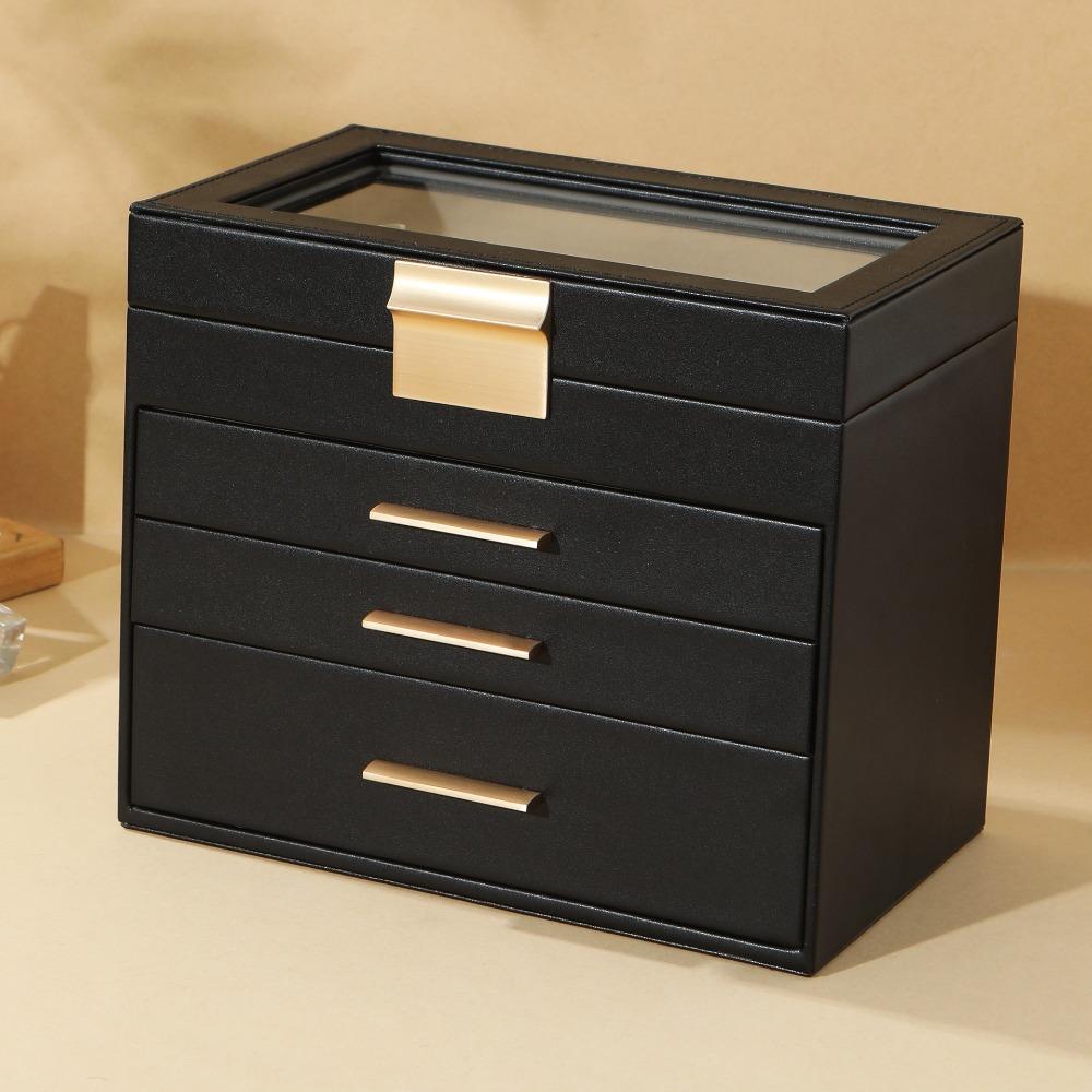 

PU Window Jewelry Storage Box Anti-Oxidation Gold Hardware Earring Organizer Multi-Layer Design Hardware Compartments чёрный