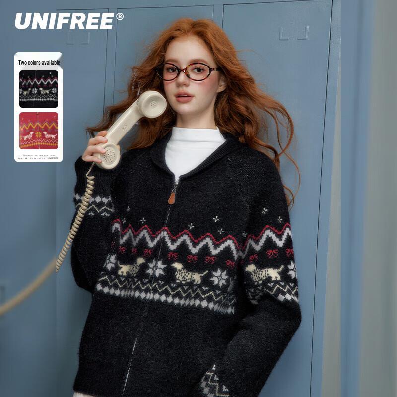 UNIFREE Fair Isle Puppy Jacquard Knit Cardigan