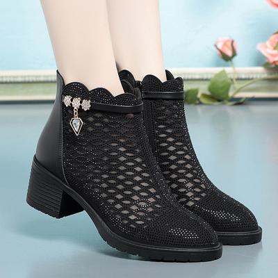 Komfortable Damen-Stiefel aus hohlem Mesh mit Strasssteinen, modisch, für den Sommer, atmungsaktiv, weiches Leder, spitze Zehenpartie, Reißverschluss