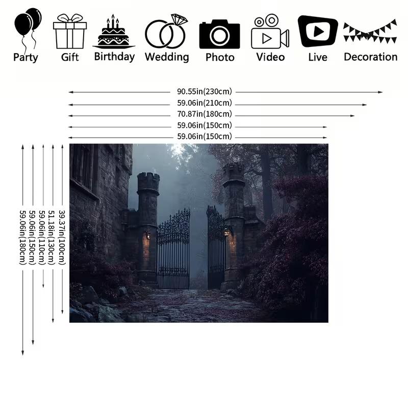 2D Gothic Mansion Iron Gate Backdrop Misty Forest Castle Entrance Party Decor