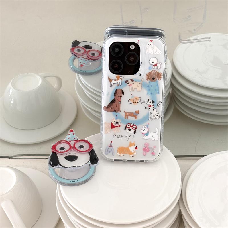 Korean Cute Cartoon Dog Magnetic Stand Phone Case For iPhone 16 Pro 15 14 13 Pro Max Cover for Magsafe Shockproof Kawaii Cases