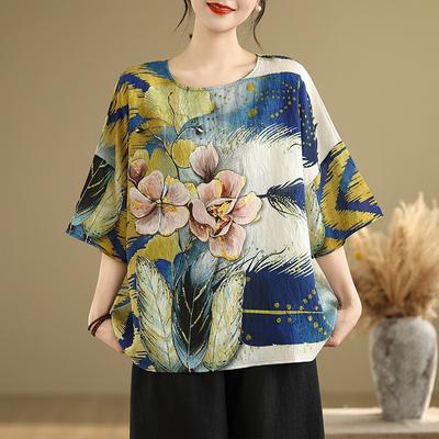 Ethnic Style Large Size Wide Panasonic Swing Doll Shirt Summer Blouse Ethnic Style Print Loose Round Neck Comfortable T-shirt for Women