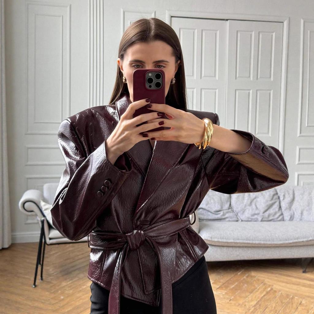 Autumn/Winter Women's Trendy Motorcycle Leather Jacket with Lace-Up Design
