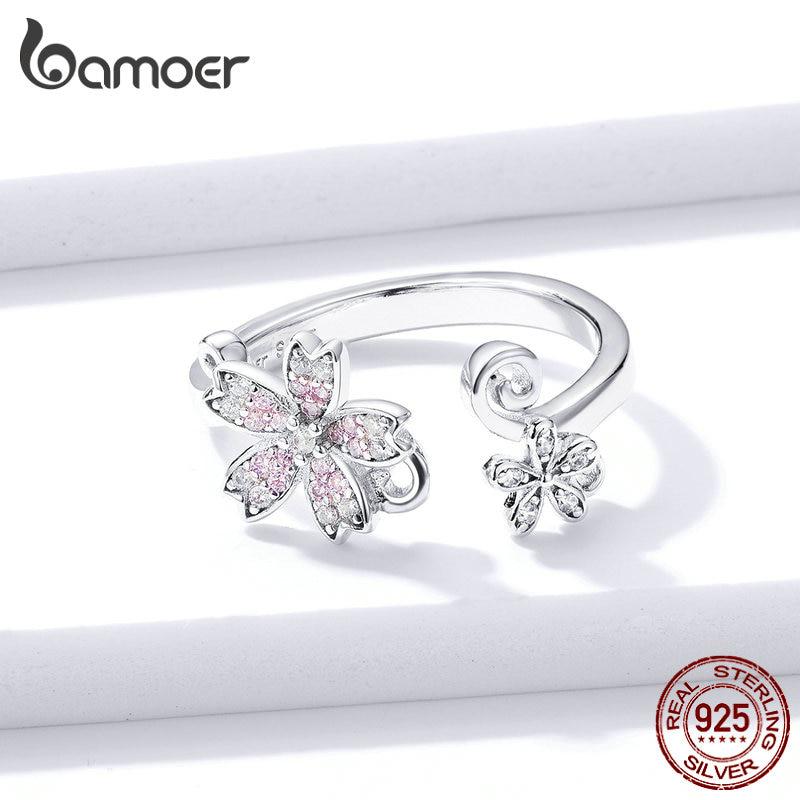 Bamoer Authentic 925 Sterling Silver Luminous Star & Spring Flower Adjustable Finger Rings Jewelry