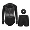 Girls Gymnastics Dance Set Long Sleeve Shiny Cutout Front Back Zipper Leotard Rhinestones Shorts Headwear