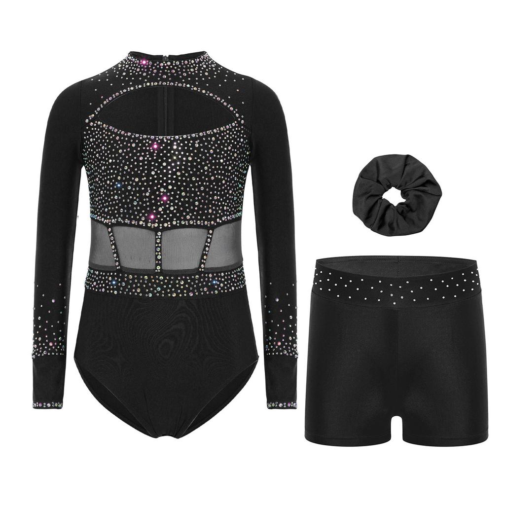 Girls Gymnastics Dance Set Long Sleeve Shiny Cutout Front Back Zipper Leotard Rhinestones Shorts Headwear