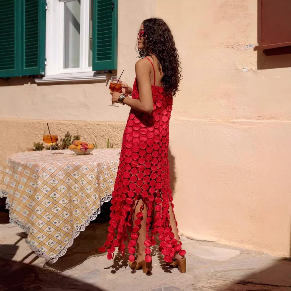 Hollow polka dot medium and long skirt 2026 summer new fashion high waist fringed high sense irregular suspender skirt