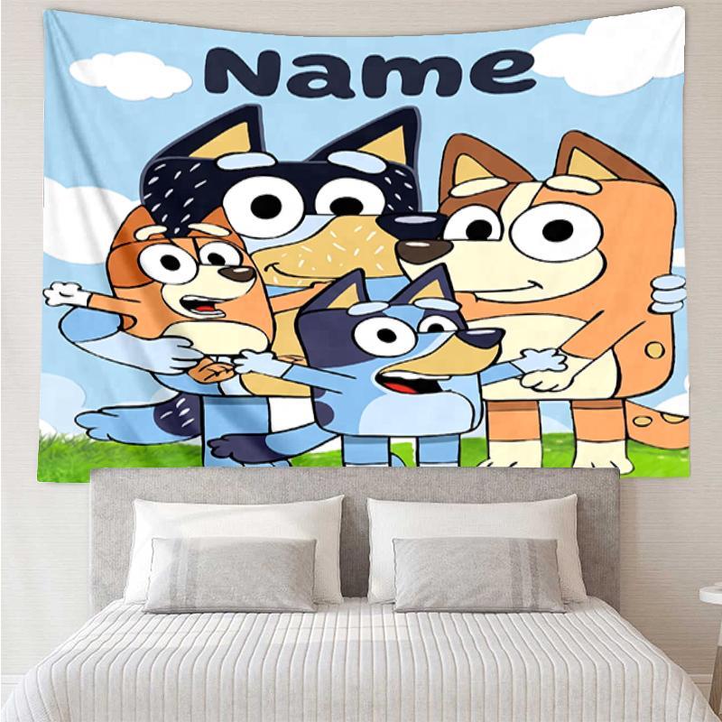 Custom Name Bluey Print Tapestry, Backdrop, Easy Setup, Ideal for Bedroom, Office & Living Room, with Aesthetic Wall Hanging Decor.