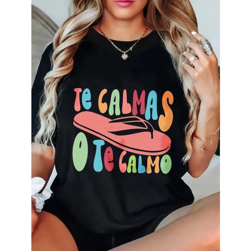 

Women Casual T Shirt Black Colorful Flip Flop Print Te Calmas O Te Calmo Text Summer Beach Wear XXXXL чёрный