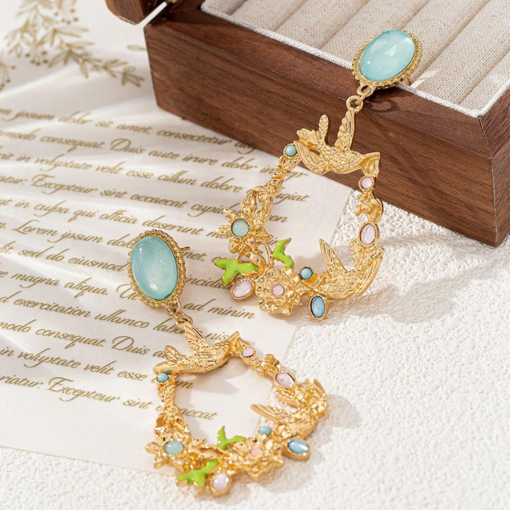 Temperament style oval stud earrings love bird flower basket pendant earrings exquisite trend earrings