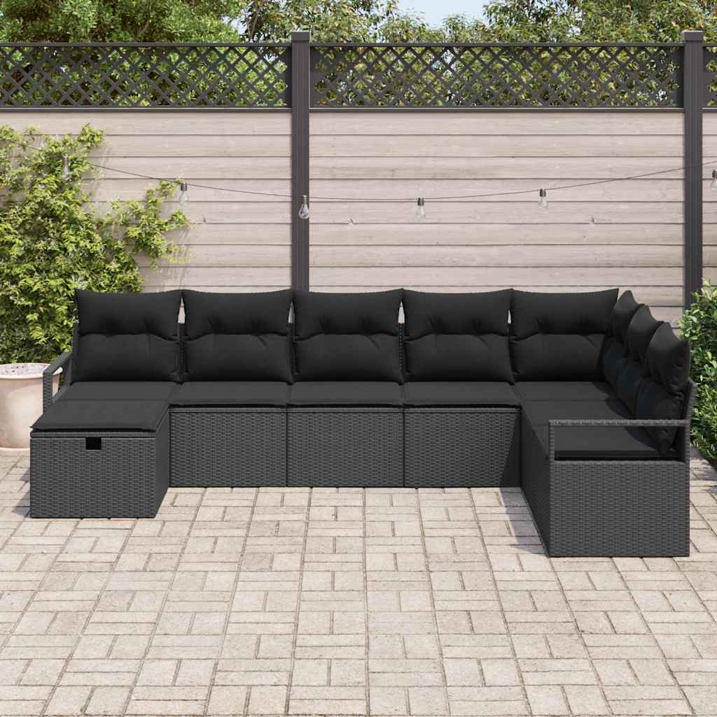 8 Piece Sofa Set with Cushions and Storage Black Poly Rattan