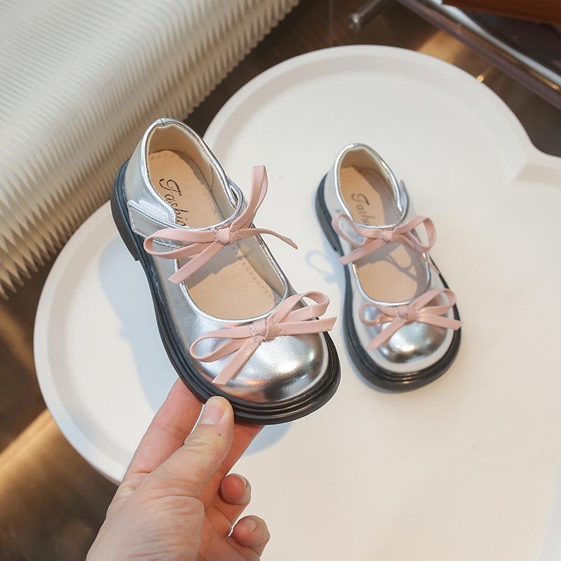 Princess Shoes Girls Leather Shoes 2025 New Spring and Autumn Children's Single Shoes Silver Mary Jane Little Girl Bow Classmate