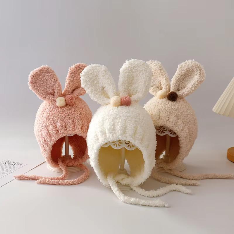 Bonnet Bébé Oreilles de Lapin Mignon Hiver Épais Chaud 1-3 ans Tout-Petites Filles Chapeau Protection Oreilles Extérieur Coupe-vent Bonnets Enfants
