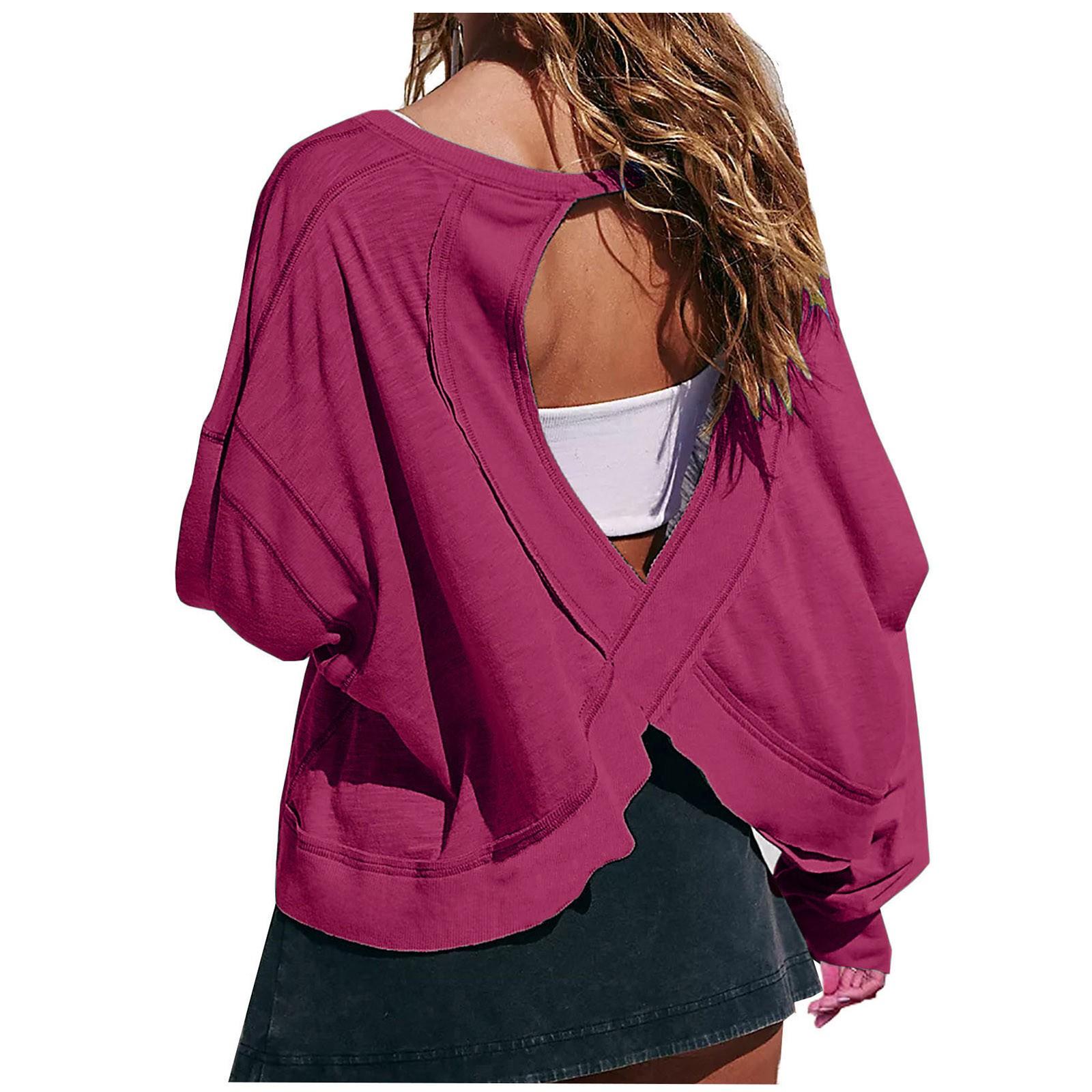 

Женская мода повседневная круглая горловина длинный рукав спинка однотонный топ XL винный