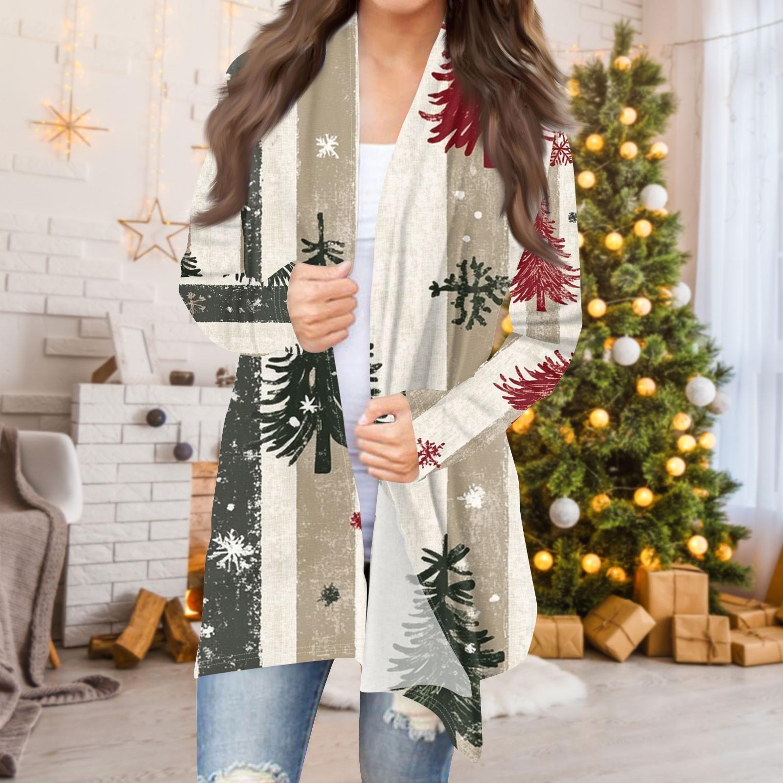 Женская мода повседневная рождественская печать средней длины кардиган куртка пальто — фото 6