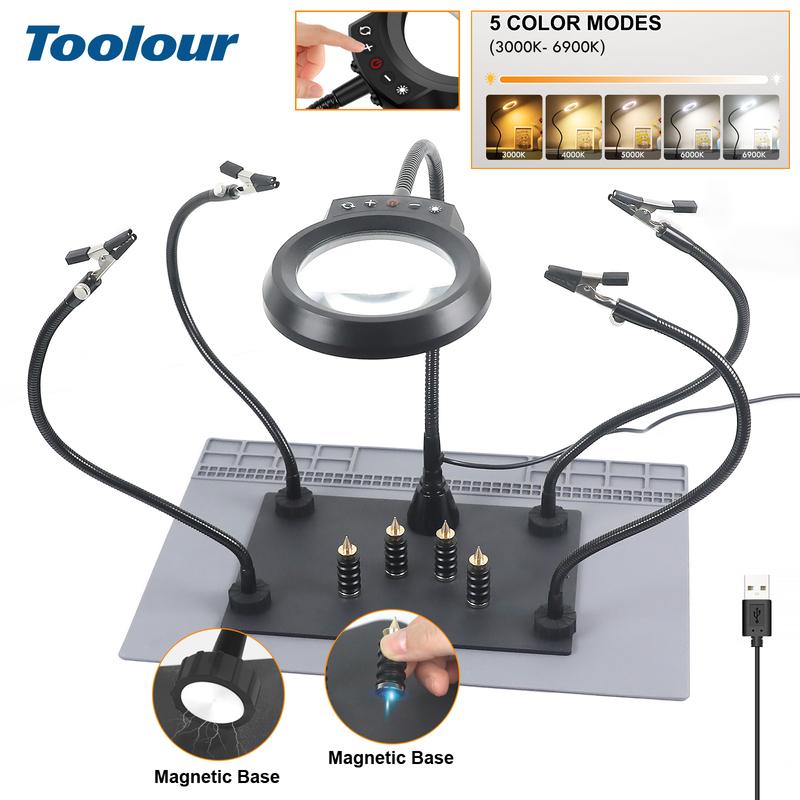 Toolour Magnetic Helping Hands Soldering Station with Heavy-Duty Steel Base/Welding Silicone Pad/5X Magnifying Lamp/4PCB Holder