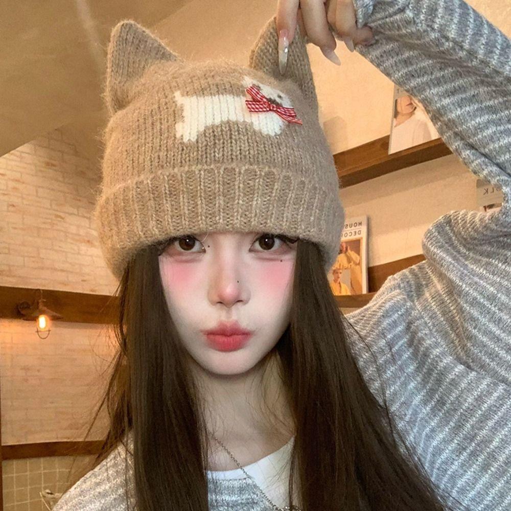 Warm Lining Cat Ear Beanie 56-58cm Puppy Pattern Earflap Hat Fleece Lined Knitted Hat For Students