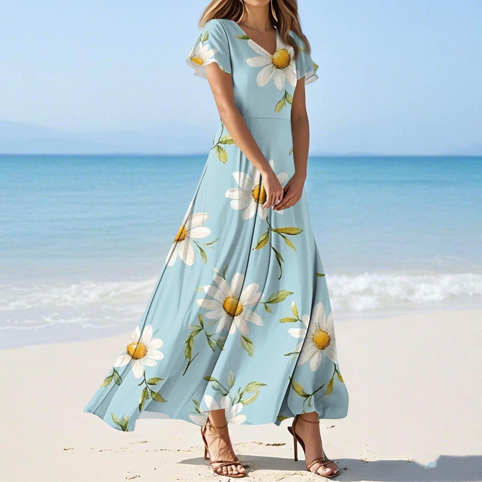 

Женские летние модные повседневные платья с цветочным принтом, платья с V-образным вырезом и коротким рукавом XS небесно-голубой