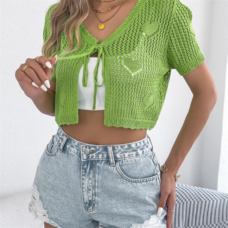 2026 Spring/Summer Women's Hollow Lace Short Sleeve Knitted Open Top S-XL