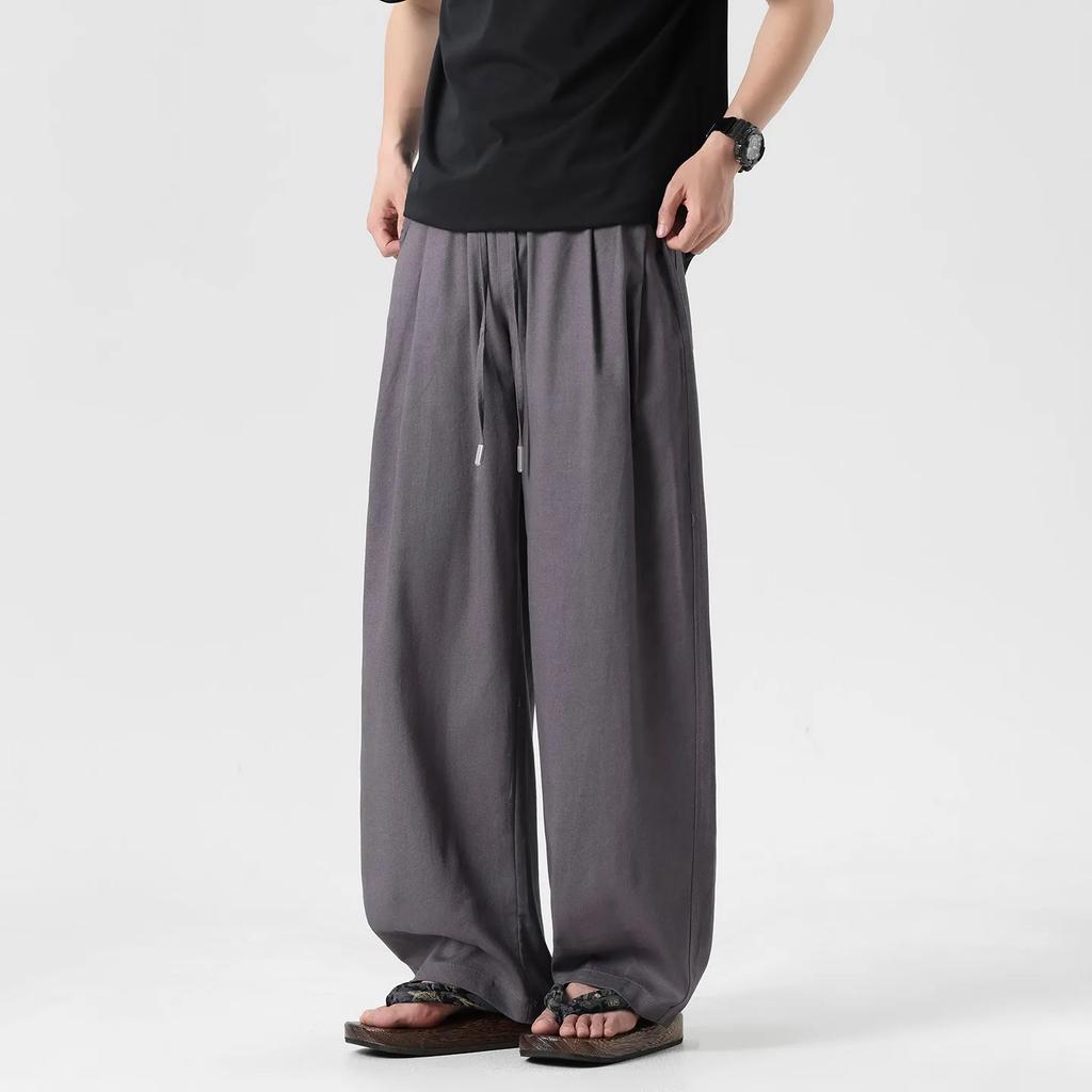 Summer Men's Drawstring Linen Pants Men Thin Straight Loose Long Trousers Male Casual Daily Wear Breathable Lightweight Pants