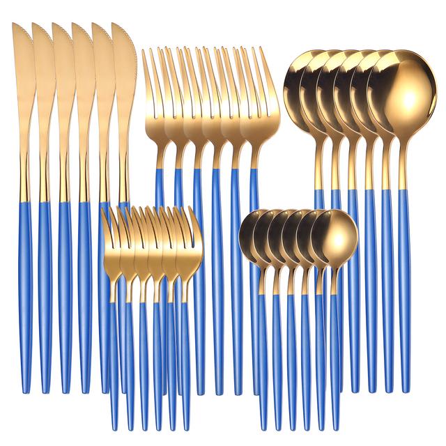 30pcs Gold Dinnerware Set Stainless Steel Steak Knife Fork Coffee Spoon Teaspoon Flatware Dishwasher Safe Kitchen Tableware Set