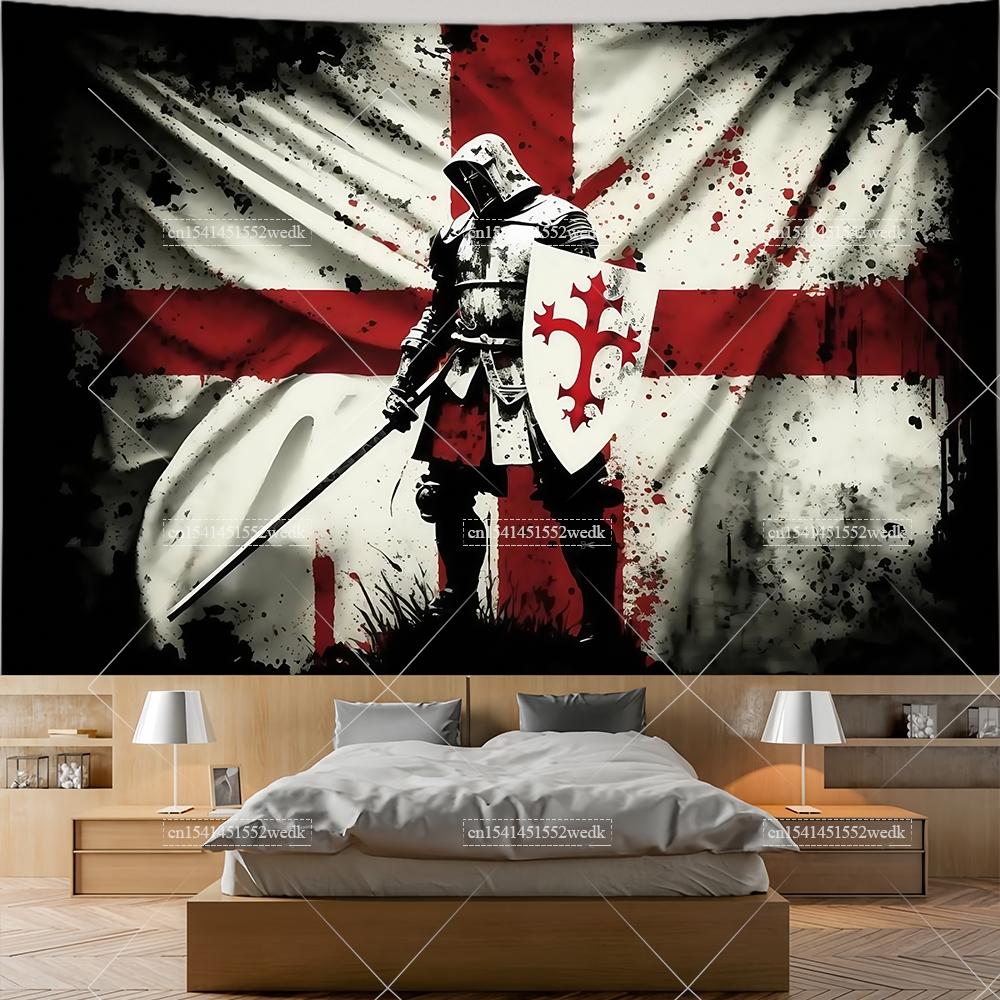 Mittelalterlicher Ritter Templer Kreuzritter Flagge Wandbehang Christlicher Religiöser Wandteppich Ästhetische Wohnzimmer Dekoration Kunstdruck Wandteppiche