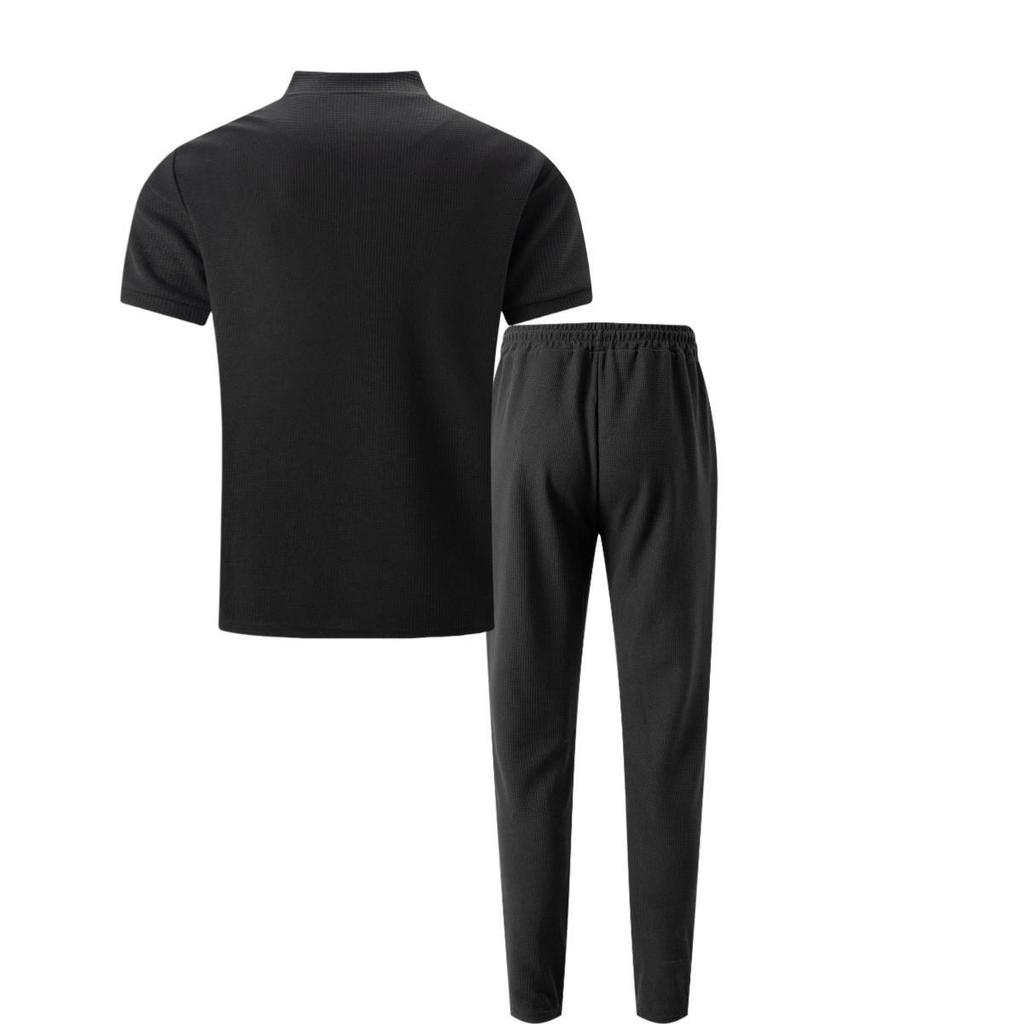Summer 2025 Men's Waffle Knit Stand Collar Zipper Top and Long Pants Set - European & American Style
