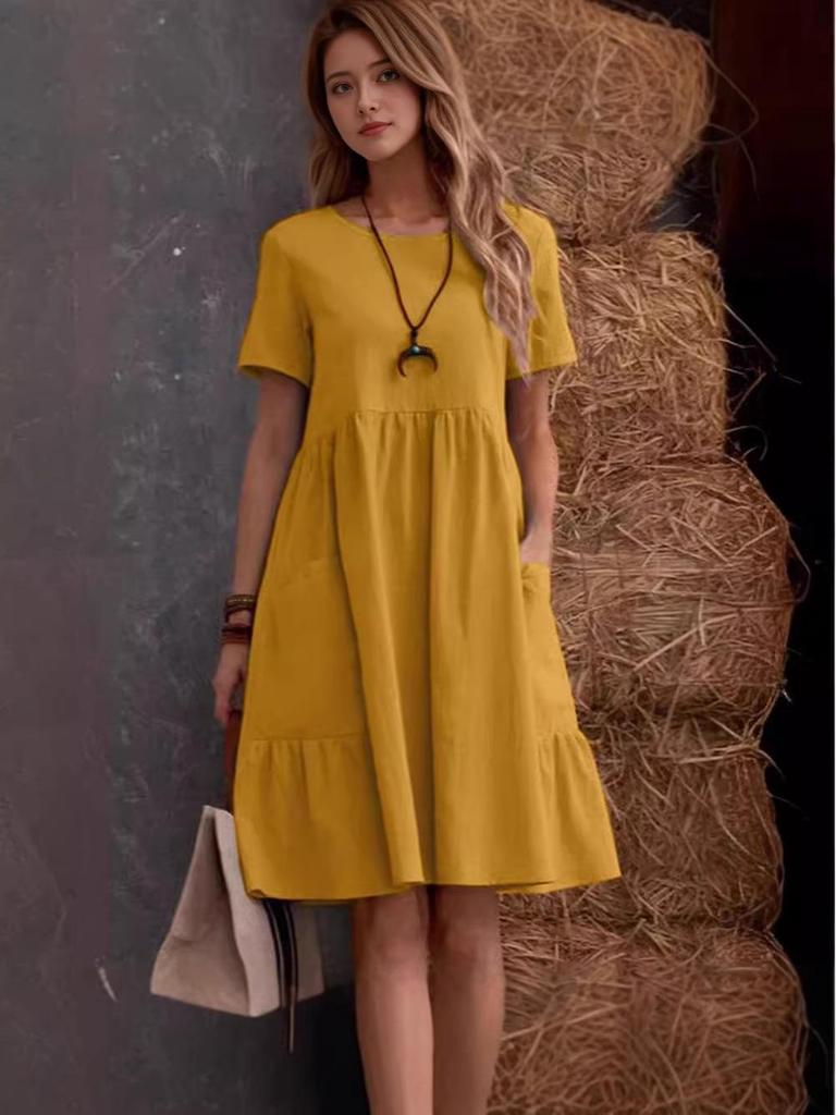 2026 Retro Lockeres Taschen-Einfarbiges Baumwoll-Leinen-Kleid für Damen