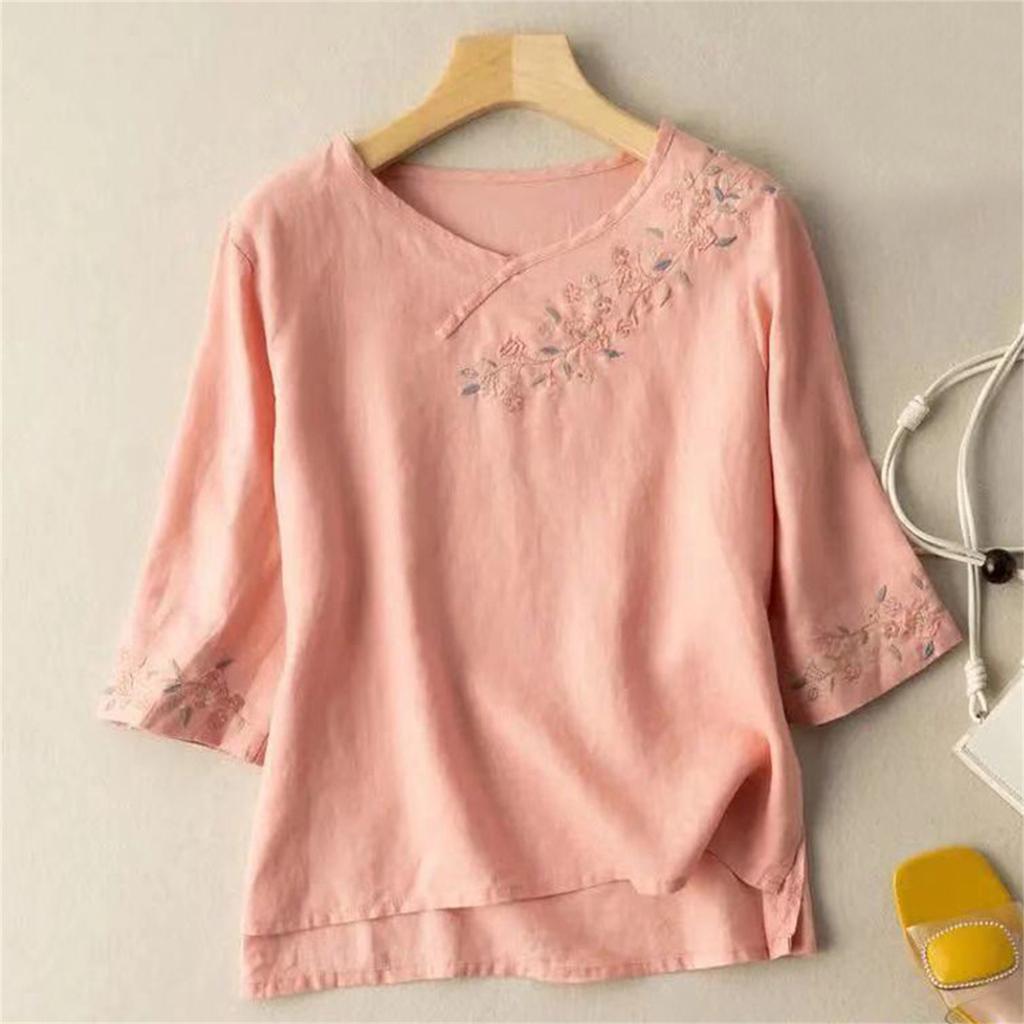 Damen Baumwolle Leinen Farbe 3/4 Ärmel Hemd Rundhals Locker Bluse Pullover Top